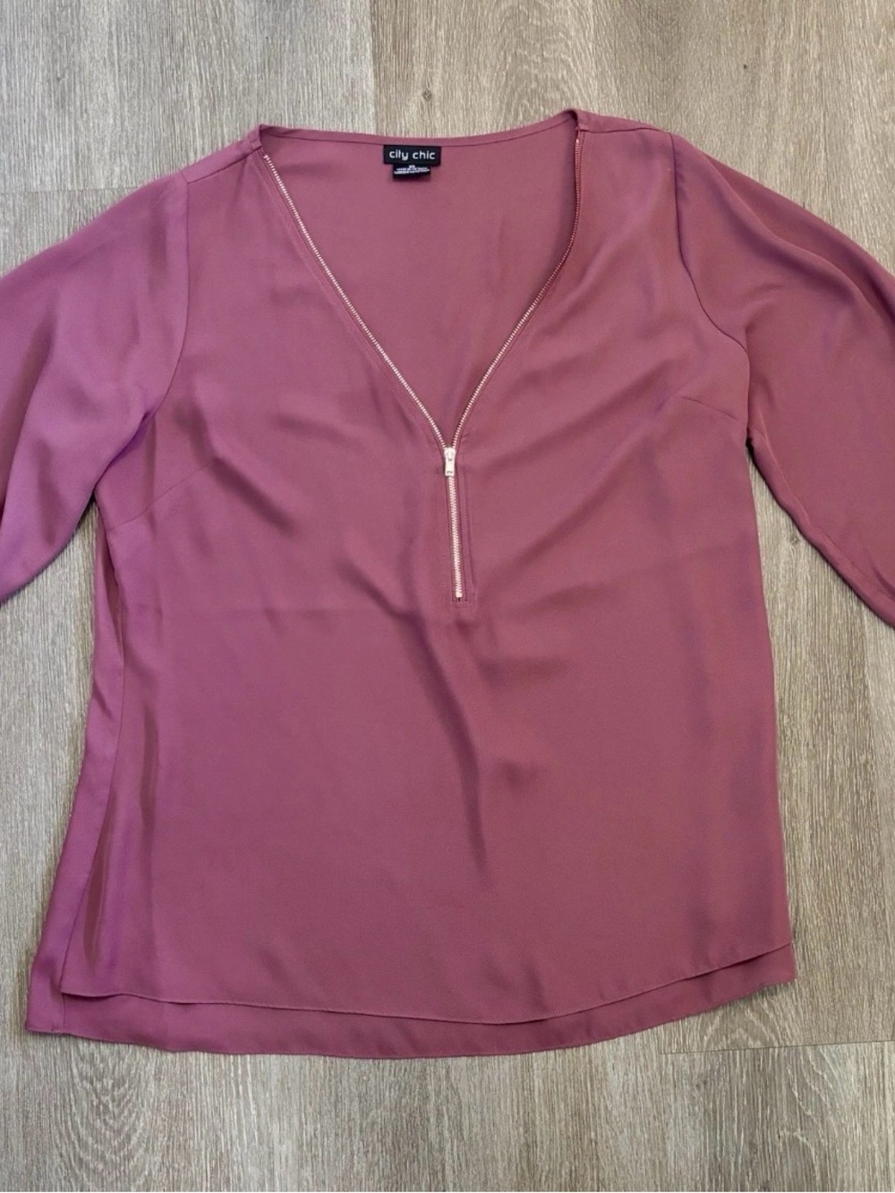 City Chic Dusty Rose Zip V-Neck Blouse